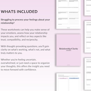 May include: A pink and white printable worksheet set titled "Relationship Clarity" with the text "Whats Included" and a description of how the worksheets can help you process your feelings about your relationship.