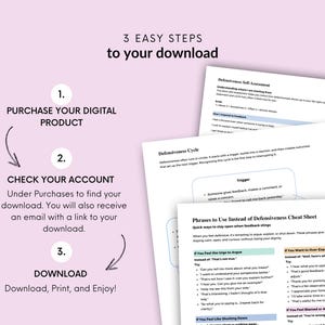May include: A digital download graphic with the text "3 Easy Steps to your download." The steps are: purchase, check account, and download. The image includes worksheets titled "Defensiveness Self-Assessment" and "Phrases to Use Instead of Defensiveness Cheat Sheet."
