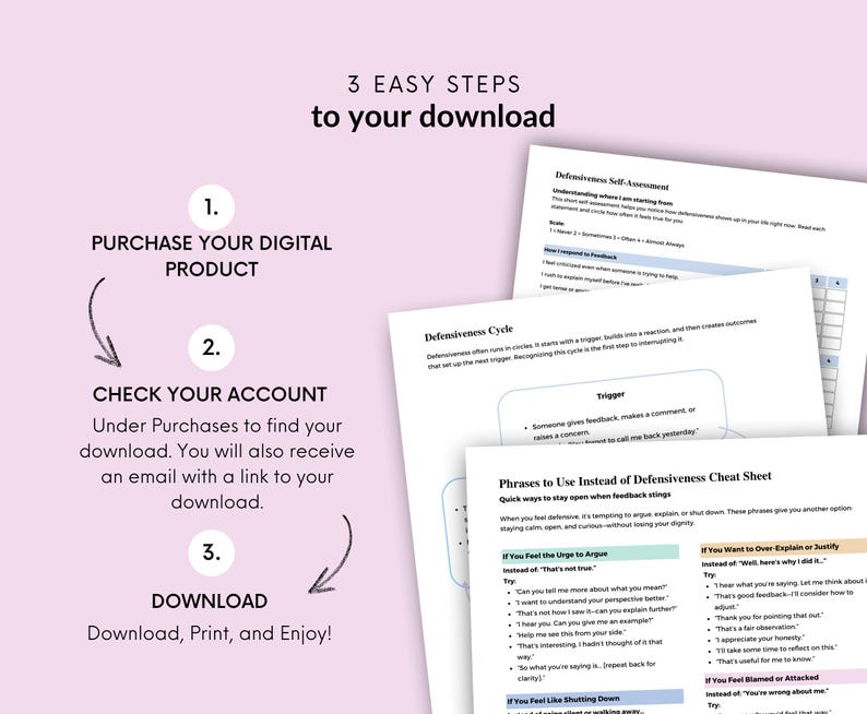 May include: A digital download graphic with the text "3 Easy Steps to your download." The steps are: purchase, check account, and download. The image includes worksheets titled "Defensiveness Self-Assessment" and "Phrases to Use Instead of Defensiveness Cheat Sheet."