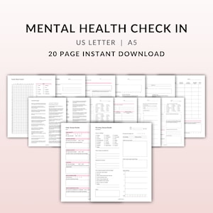 May include: A printable mental health check-in journal with 20 pages. The journal includes sections for tracking mood, sleep, and other aspects of mental health.