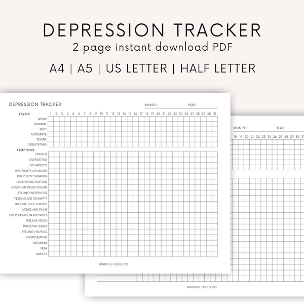 Depression Tracker, Mental Health Tracker, Mood Tracker, Symptom Tracker, Daily Tracker, Planner Inserts, Mental Health Printable