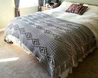 Boho Repeat-Diamond Wool Afghan, Knit Throw Blanket, Crochet Bohemian