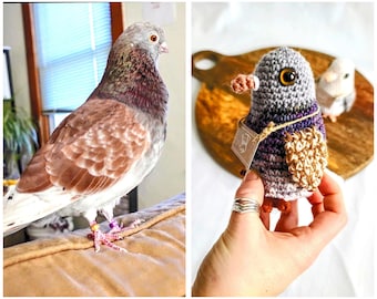 May include: A live pigeon with brown and grey feathers stands on a surface, while a small, crocheted pigeon toy with grey, purple, and tan yarn features a brown beak, dark eyes, and a small tag attached with twine, held in a hand.