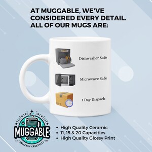 Op de afbeelding: Een witte keramische mok met de tekst AT MUGGABLE, WE'VE CONSIDERED EVERY DETAIL. ALL OF OUR MUGS ARE: en iconen voor Dishwasher Safe, Microwave Safe en 1 Day Dispach. Daaronder staan opsommingstekens voor High Quality Ceramic, 11, 15 & 20 Capacities en High Quality Glossy Print.
