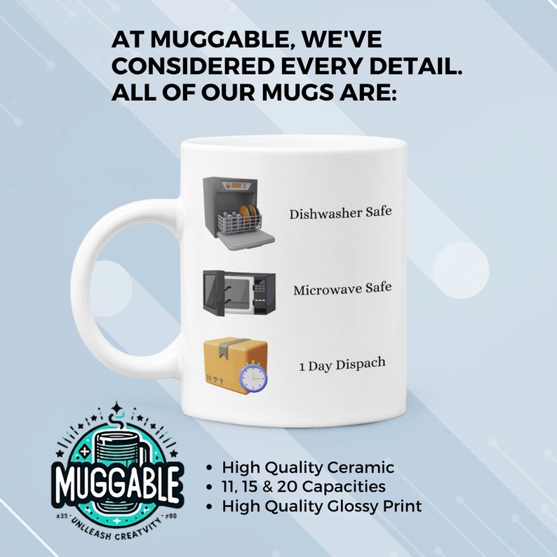 Op de afbeelding: Een witte keramische mok met de tekst AT MUGGABLE, WE'VE CONSIDERED EVERY DETAIL. ALL OF OUR MUGS ARE: en iconen voor Dishwasher Safe, Microwave Safe en 1 Day Dispach. Daaronder staan opsommingstekens voor High Quality Ceramic, 11, 15 & 20 Capacities en High Quality Glossy Print.