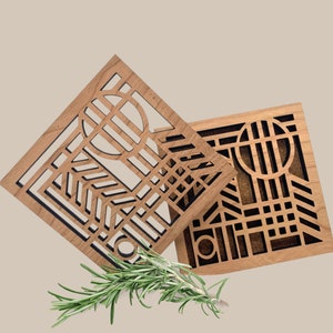 Mid-Century Modern Wood Coasters, Art Deco Style, Set of Four