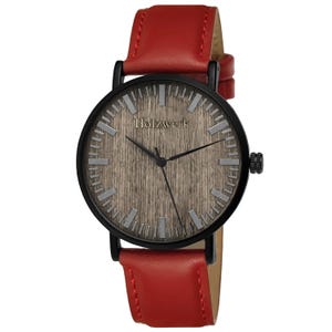 Holzwerk NAUEN women&#39;s and men&#39;s leather and stainless steel wooden bracelet watch, women&#39;s watch, men&#39;s watch, 4 cm flat wristwatch in red, black, gray