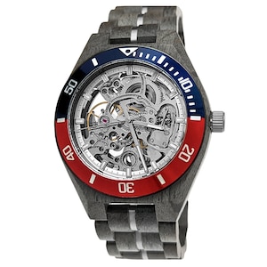 Holzwerk DEMMIN women&#39;s, men&#39;s automatic wood & stainless steel bracelet watch, modern automatic watch, fashionable wristwatch, gray, silver, red, blue