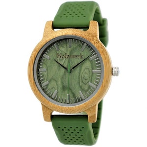 Holzwerk LANDAU women's, men's designer silicone & wood bracelet watch, modern quartz wristwatch, fashionable wooden watch in green, beige