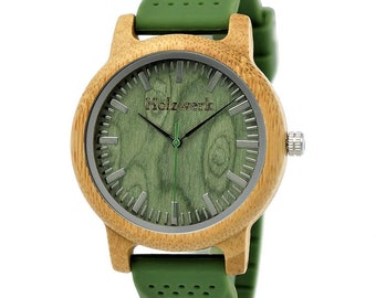 Holzwerk LANDAU women's, men's designer silicone & wood bracelet watch, modern quartz wristwatch, fashionable wooden watch in green, beige