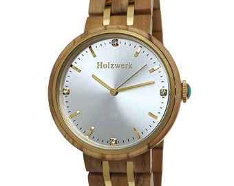 Holzwerk LEBUS elegante orologio da donna con bracciale in legno e acciaio inossidabile con strass, orologio da donna moderno, orologio in legno alla moda, orologio da polso in acero beige, oro, argento