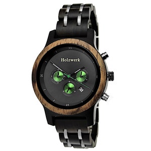 Holzwerk BEESKOW women&#39;s and men&#39;s chronograph wood and stainless steel bracelet watch, date, modern wristwatch, fashionable wooden watch, black, green, silver