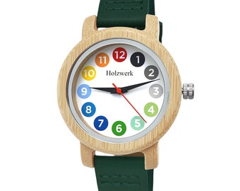 Holzwerk LIL RAINBOW GREEN colorato orologio per bambini piccoli, orologio con cinturino in legno e pelle, orologio moderno per bambini, orologio didattico, orologio in legno in verde, bianco