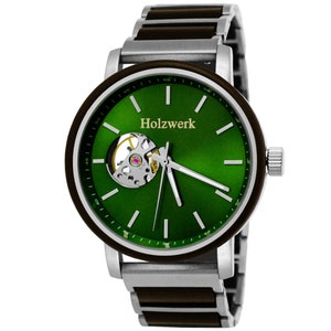 Holzwerk CREUSSEN ladies, men's automatic wood & stainless steel bracelet watch, modern automatic watch, mechanical wristwatch in silver, brown, green