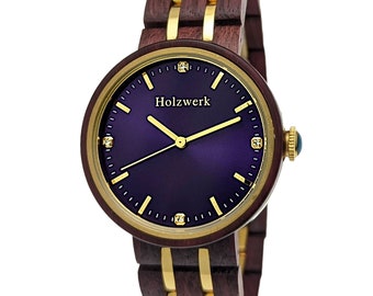 Reloj de pulsera elegante para mujer MARLOW Woodwork con diamantes de imitación, de madera y acero inoxidable, reloj moderno para mujer, reloj de madera a la moda, reloj de pulsera en morado, marrón y dorado.
