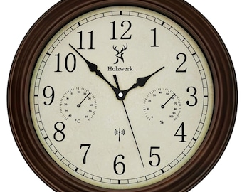 Reloj de pared retro de madera HORNBERG (controlado por radio), 35 cm Ø. Reloj de pared vintage con higrómetro y termómetro, controlado por radio, con mecanismo prácticamente silencioso, color marrón o beige.