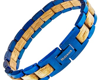 Holzwerk CHIEMSEE Damen, Herren Holz & Edelstahl Armband, Gliederarmband, Kettenarmband in blau, beige