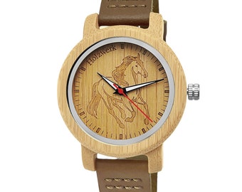 Holzwerk LIL TORI BROWN small children's watch, leather & wood bracelet watch with horse motif, modern children's watch, wooden watch in brown, beige