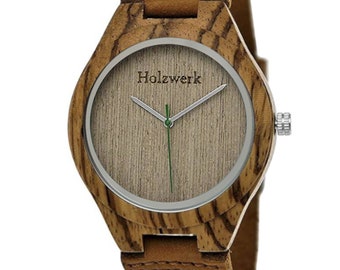 Holzwerk BURGAU Damen und Herren Holz Uhr mit Leder Armband, Damenuhr, Herrenuhr, Holzuhr in Walnuss braun & grün