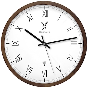 Holzwerk DUISBURG (FUNK) Holz Wanduhr, moderne 30 cm Ø Designer Funkwanduhr mit römischen Ziffern, nahezu lautloses Uhrwerk, braun, weiß