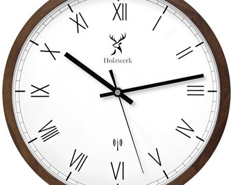 Holzwerk DUISBURG (RADIOGESTUURD) Houten Wandklok, Moderne 30 cm Ø Design Radiogestuurde Wandklok met Romeinse Cijfers, Vrijwel Geruisloos Uurwerk, Bruin, Wit