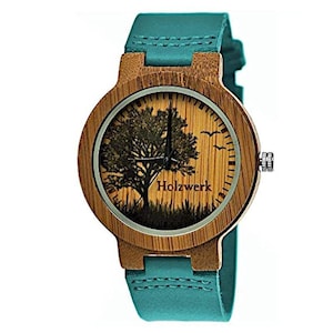 Holzwerk ETTINGEN Damen und Herren Holz & Leder Armbanduhr, Uhr mit Baum Muster, Damenuhr, Herrenuhr, Holzuhr, türkis blau, braun