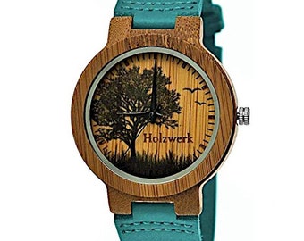 Holzwerk ETTINGEN Montre-bracelet en bois et cuir pour femme et homme, montre avec motif d'arbre, montre pour femme, montre pour homme, montre en bois, bleu turquoise, marron