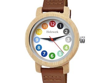 Holzwerk LIL RAINBOW BROWN bunte kleine Kinder Armbanduhr, Holz & Leder Armband Uhr, moderne Kinderuhr, Lernuhr Holzuhr, braun, weiß, beige