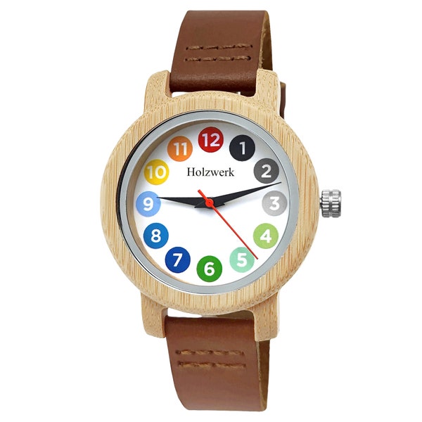 Holzwerk LIL RAINBOW BROWN petite montre colorée pour enfants, montre-bracelet en bois et cuir, montre pour enfants moderne, montre d'apprentissage, montre en bois, marron, blanc, beige