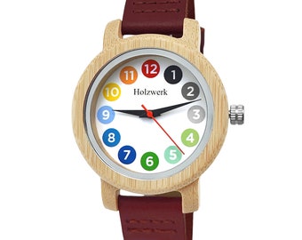 Holzwerk LIL RAINBOW RED colorato orologio per bambini piccoli, orologio con cinturino in legno e pelle, orologio moderno per bambini, orologio didattico, orologio in legno in rosso, bianco, colorato