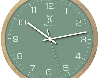 Holzwerk NAUMBURG Holz Wanduhr, moderne 30 cm Ø Designer Quarz Wand Uhr, nahezu lautloses Uhrwerk, analog mit Ziffern in beige, grün