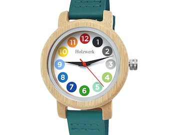 Holzwerk LIL REGENBOOGBLAUW kleurrijk klein kinderhorloge, houten en leren armbandhorloge, modern kinderhorloge, leerhorloge, houten horloge, blauw, wit, beige