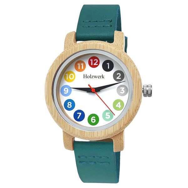 Holzwerk LIL RAINBOW BLUE petite montre en bois colorée pour enfants, bleue