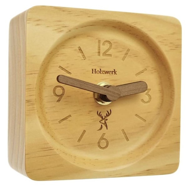 Holzwerk ARNEBURG Designer Retro Tisch Uhr aus Holz, Vintage Quarz Tischuhr analog lautlos ohne Tick Geräusche, Holzuhr Eckig beige, braun