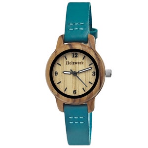 Holzwerk CLARA BLUE small children's wooden watch with leather strap, modern quartz analogue children's watch, fashionable girls' wooden watch in turquoise blue, beige