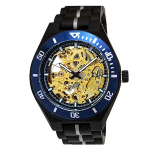 Holzwerk DELITZSCH women&#39;s and men&#39;s automatic wood and stainless steel bracelet watch, modern automatic watch, fashionable wristwatch black, gold, blue