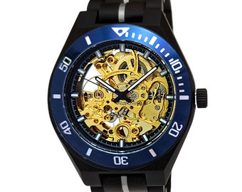 Holzwerk DELITZSCH women&#39;s and men&#39;s automatic wood and stainless steel bracelet watch, modern automatic watch, fashionable wristwatch black, gold, blue