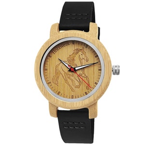 Holzwerk LIL TORI BLACK small children&#39;s watch, leather & wood bracelet watch with horse motif, modern children&#39;s watch, wooden watch in black, beige