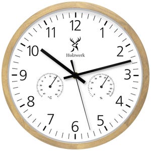 Holzwerk MEERSBURG Holz Quarz-Wanduhr mit Ziffern, Hygrometer & Thermometer Wanduhr, 30 cm Holz Designer Wand Uhr sehr lautlos, beige, weiß, Hauptbild