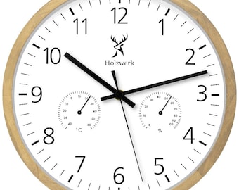 Holzwerk MEERSBURG wooden wall clock, modern 30 cm Ø hygrometer & thermometer clock, almost silent movement, analog with digits, beige white