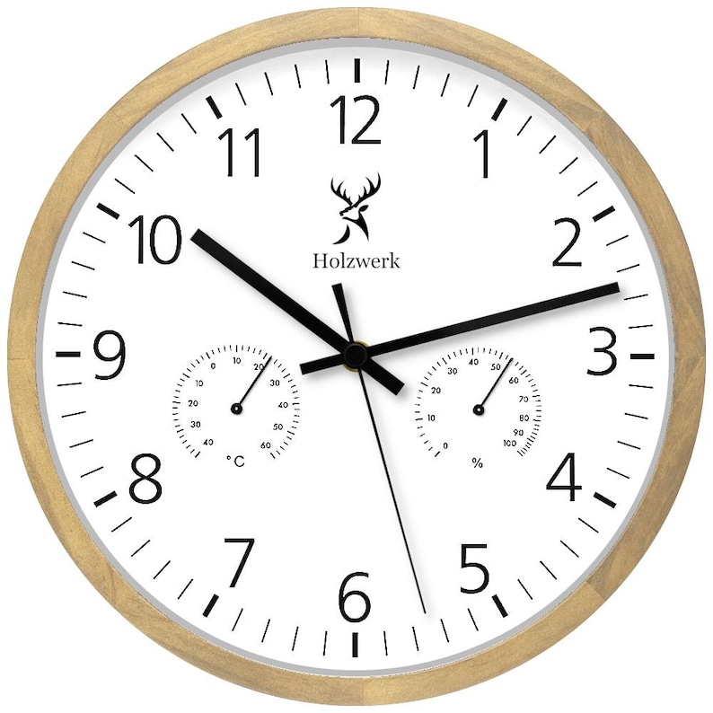 Holzwerk MEERSBURG Holz Quarz-Wanduhr mit Ziffern, Hygrometer & Thermometer Wanduhr, 30 cm Holz Designer Wand Uhr sehr lautlos, beige, weiß, Hauptbild