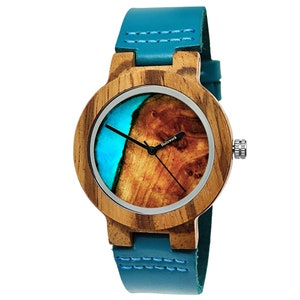Holzwerk ELSTER small ladies wristwatch, leather & wooden bracelet watch, modern ladies watch, fashionable wooden watch with epoxy resin in turquoise blue, brown