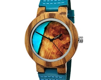 Holzwerk ELSTER kleine Damen Armbanduhr, Leder & Holz Armband Uhr, moderne Damenuhr, modische Holzuhr mit Epoxidharz in türkis blau, braun