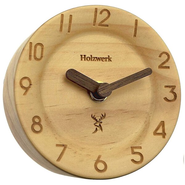 Holzwerk AUGSBURG Designer Retro Tisch Uhr aus Holz, Vintage Quarz Tischuhr analog lautlos ohne Tick Geräusche, Holzuhr Rund in beige, braun