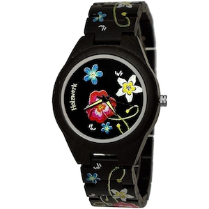 Holzwerk FLOWER ladies wooden bracelet watch with flower pattern, modern ladies watch, fashionable wooden watch, wristwatch in black, blue, pink, white, colorful