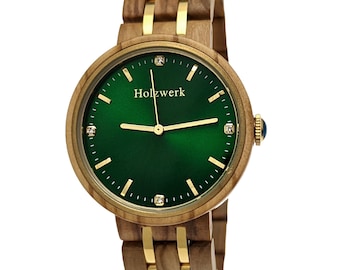 Holzwerk PIRNA orologio da donna con bracciale in legno e acciaio inossidabile con strass nobili, orologio da donna moderno, orologio in legno alla moda, orologio in legno d'ulivo, beige, oro, verde