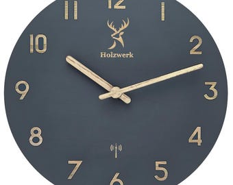 Reloj de pared radiocontrolado de madera Holzwerk BAMBERG (RADIO), reloj de pared de cuarzo de diseño moderno, reloj de pared radiocontrolado de madera de 25 cm, prácticamente silencioso, gris, beige.