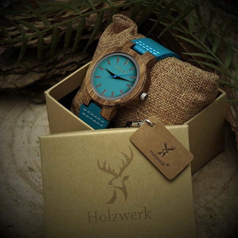 Holzwerk LIL KAHLA kleine Damen Leder & Holz Armband Uhr, moderne Damenuhr, türkis blau, Walnuss braun, schwarz, Uhrenbox