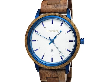 Holzwerk GARDING Reloj de pulsera para mujer y hombre de madera y acero inoxidable con fecha, reloj para mujer, reloj para hombre, moderno reloj de madera, reloj de pulsera en color marrón, blanco, azul