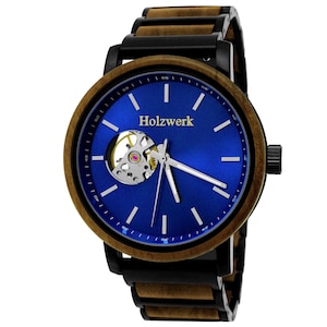 Holzwerk CLAUSTHAL women's, men's automatic wood & stainless steel bracelet watch, modern automatic watch, mechanical wristwatch, black, brown, blue